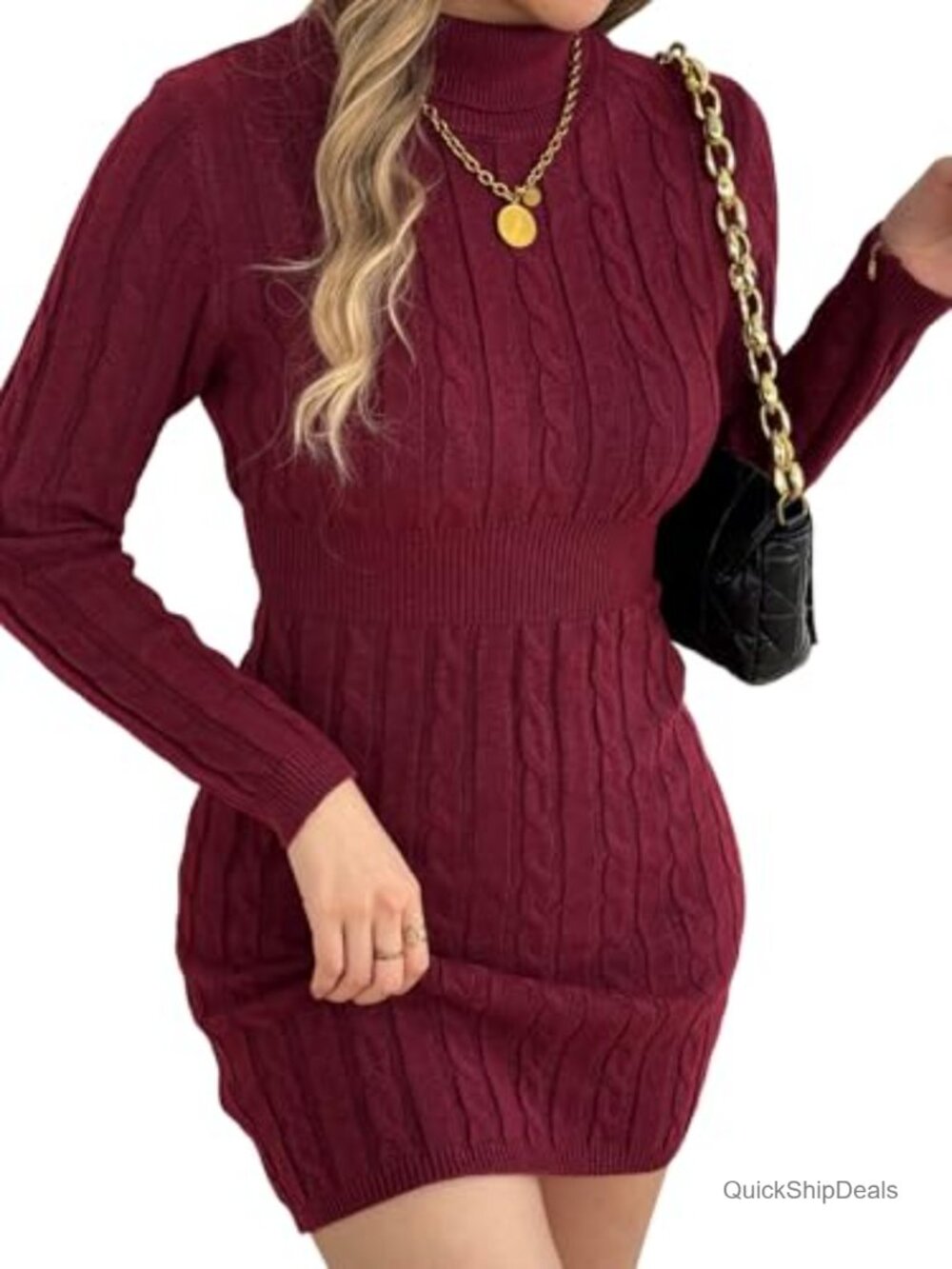 Cable Knit Turtleneck Sweater Dress Long Sleeve Knee Length Elastic Waist